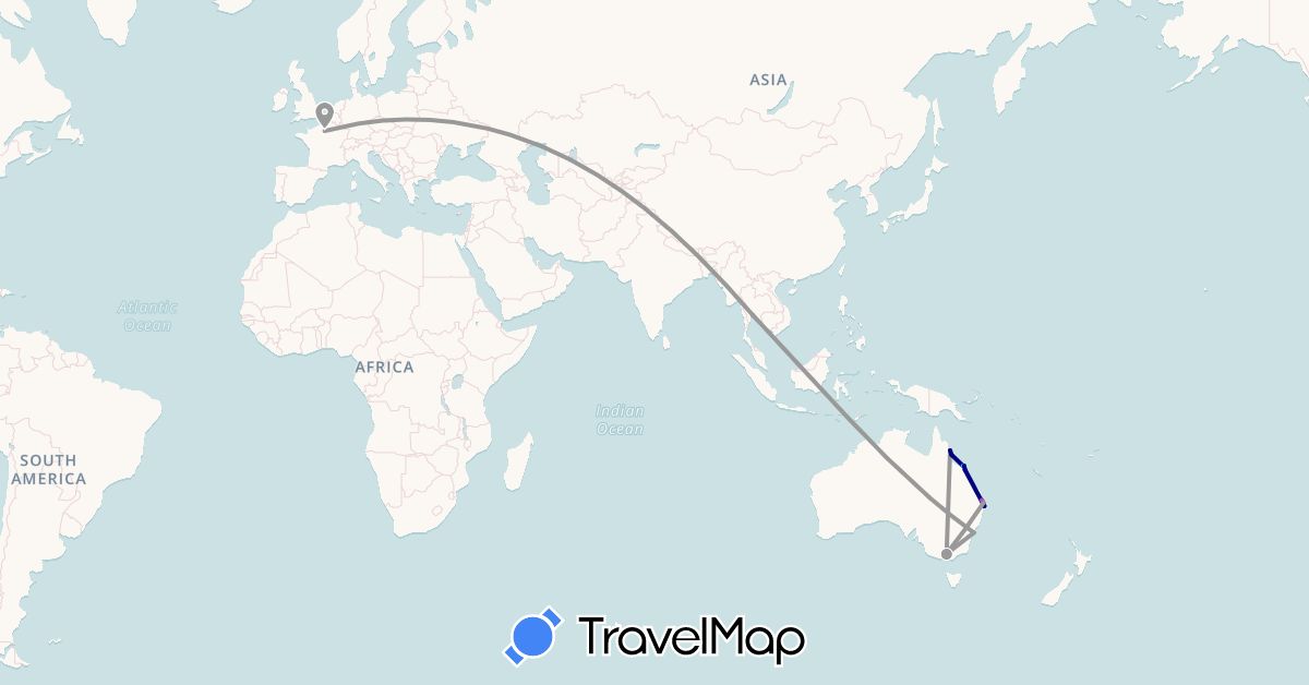 TravelMap itinerary: driving, plane, train, boat in Australia, France, Thailand (Asia, Europe, Oceania)